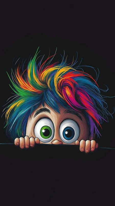 Cartoon character with messy spiky rainbow hair peeks over a ledge with wide mismatched eyes