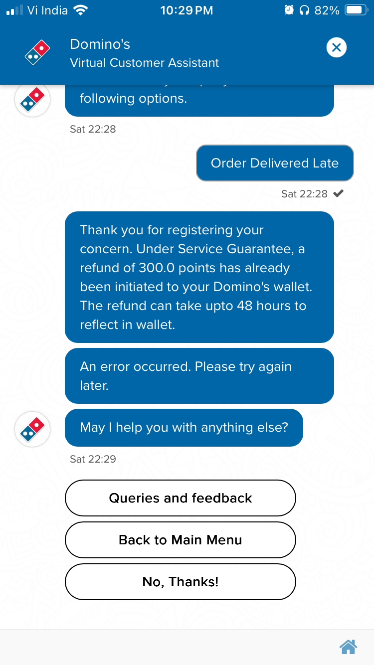 Screenshot of Domino's mobile virtual customer assistant chat showing a late delivery refund confirmation
