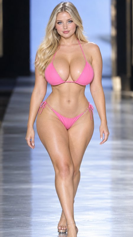 Curvy blonde model in a bright pink bikini walks confidently down a glossy fashion show runway