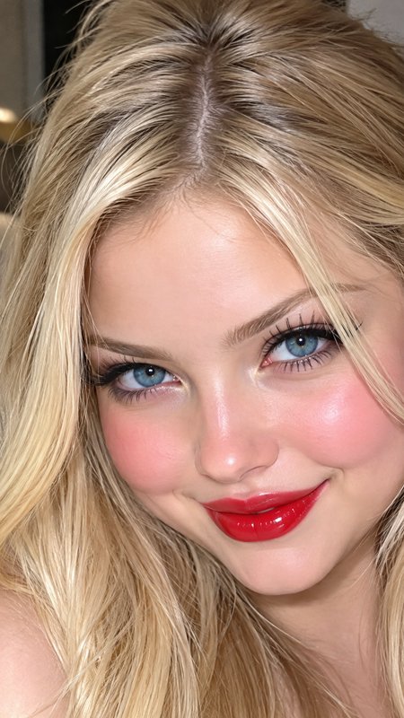 Closeup portrait of a smiling blonde woman with bright blue eyes and glossy red lipstick