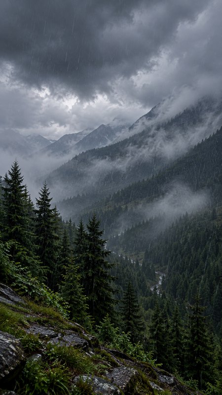 Heavy rain falls over a misty forested alpine valley lined with evergreen trees and distant rocky...