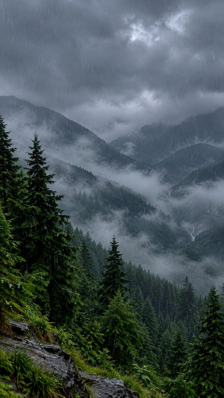 Heavy rain falls over mist-shrouded forested mountain valleys dotted with evergreen pine trees