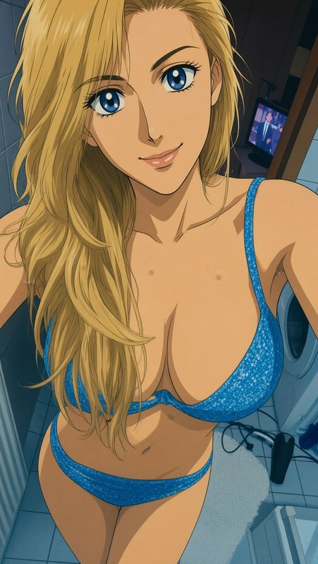 Retro 90s anime style blonde woman in blue bikini taking a mirror selfie in a tiled bathroom