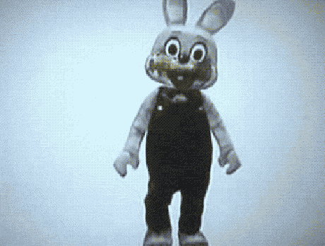 Grainy render of an anthropomorphic rabbit animatronic in overalls standing against a plain light background