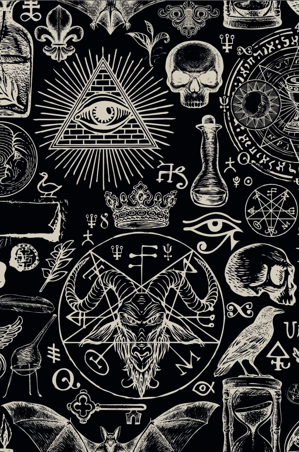 Vintage engraved occult pattern featuring esoteric symbols, Baphomet, all-seeing eye, and skulls on a black background