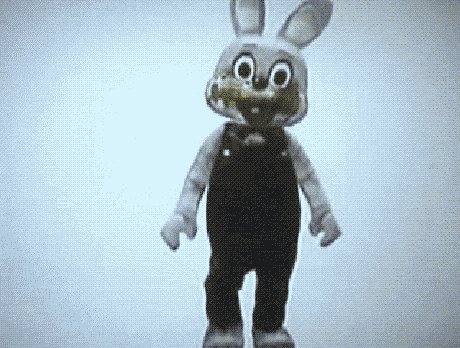 Grainy render of an anthropomorphic rabbit animatronic in overalls standing against a plain light...