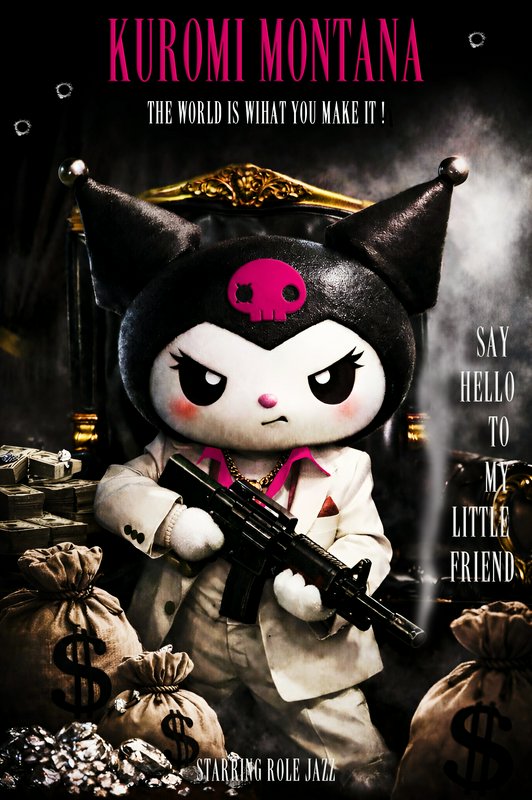 Kuromi reimagined as Scarface character Kuromi Montana holds an assault rifle surrounded by cash and jewels