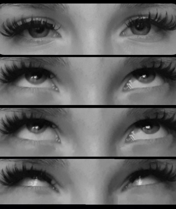 Black and white film strip sequence showing a person's eyes slowly closing across four stacked frames