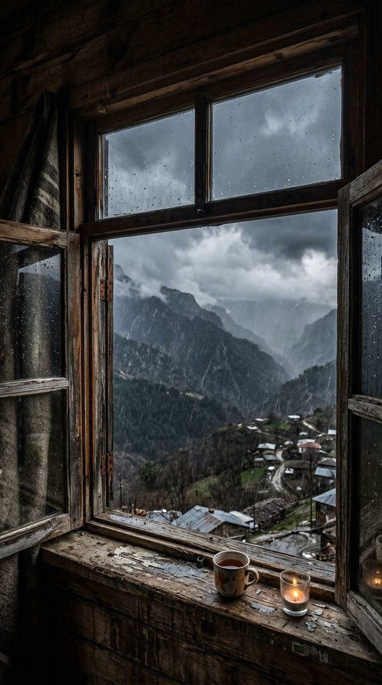 Rustic cabin windowsill holding tea and a candle overlooks a rainy mountain village under storm clouds