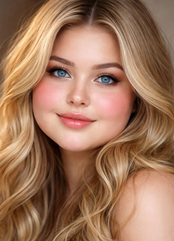 Close-up beauty portrait of a young woman with long wavy blonde hair and bright blue eyes