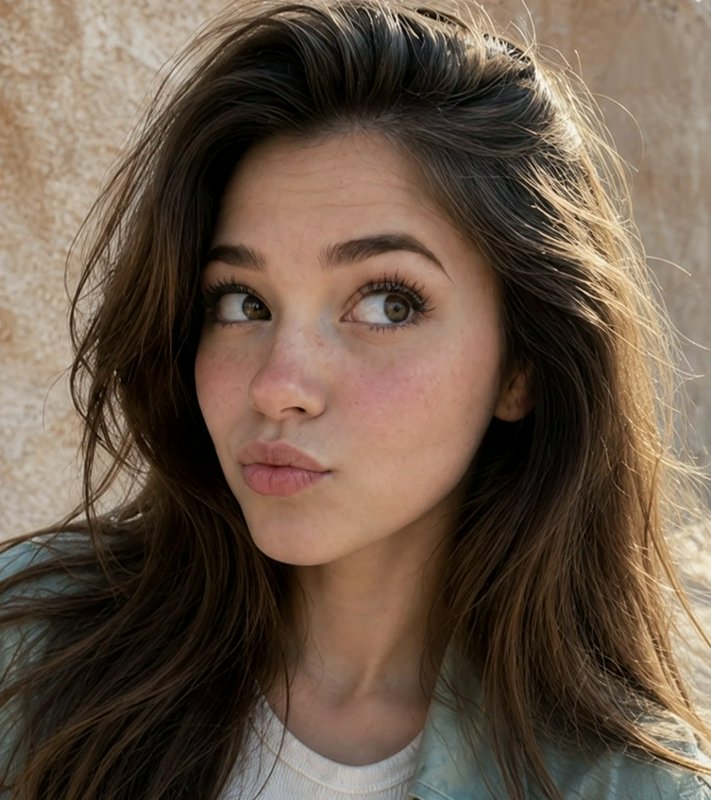 Closeup portrait of a young woman with long wavy brown hair making a playful pout in warm sunlight