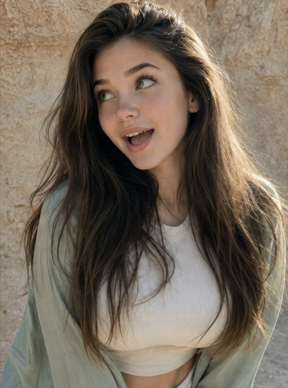 Young woman with long wavy brown hair looks playfully surprised against a textured beige stone wall