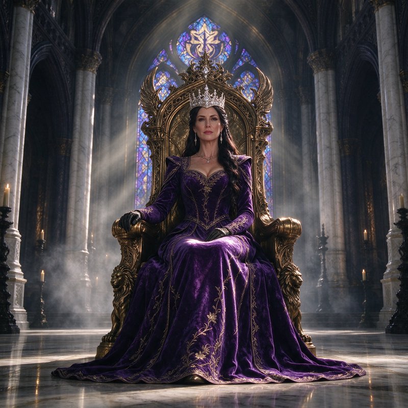 Regal fantasy queen wearing a jeweled crown and purple velvet gown sits on an ornate gilded thron...