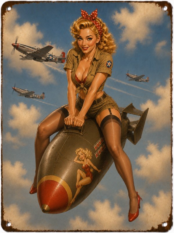 Retro WWII pinup girl riding an aerial bomb, with vintage P-51 fighters in a cloudy blue sky