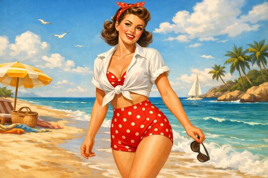 Retro 1950s pinup woman in red polka dot swimwear walking along a sunny tropical beach