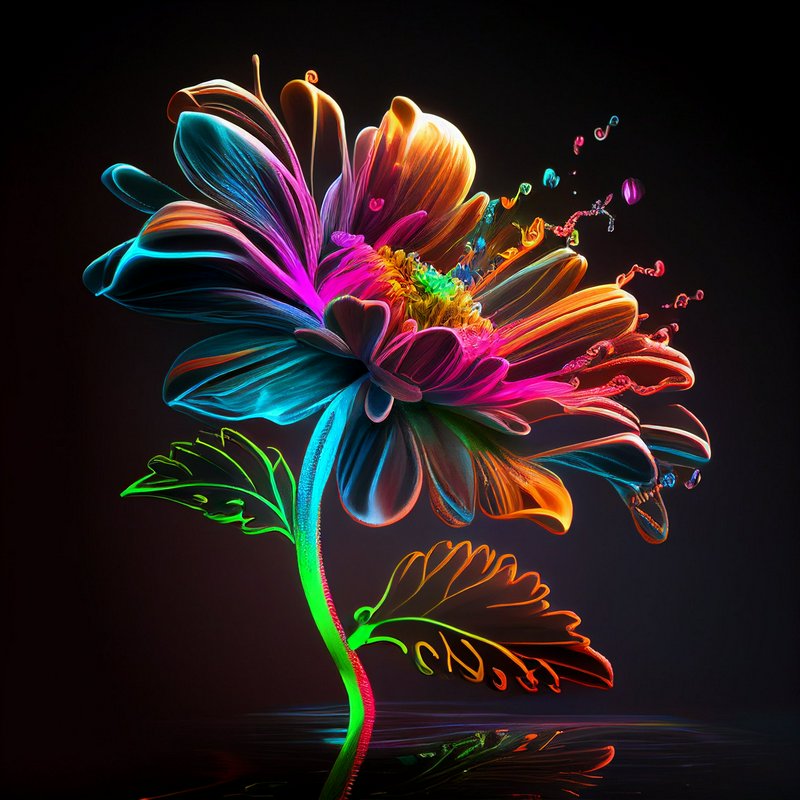 Glowing neon rainbow abstract flower with fluid translucent petals against a dark gradient backgr...