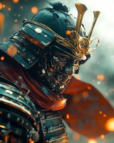Cyborg samurai in ornate traditional armor with mechanical faceplate stands amid floating glowing embers