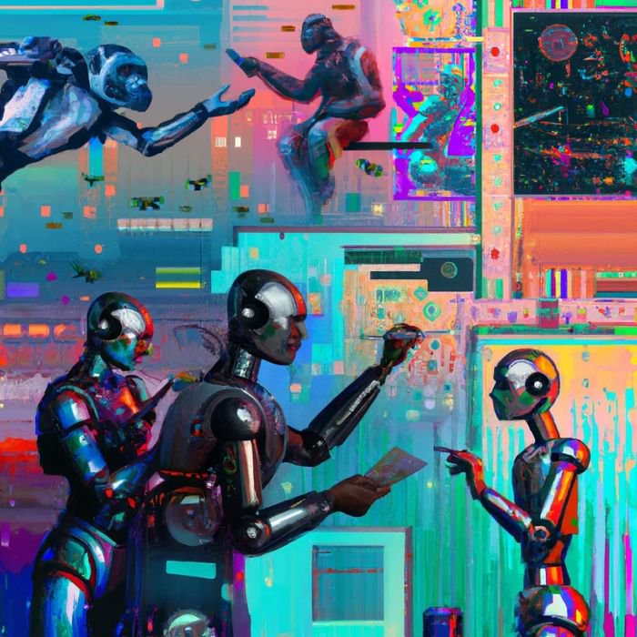 Shiny iridescent humanoid robots interact across a glowing neon cyberpunk cityscape