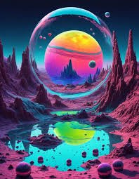 Surreal synthwave alien landscape with a glowing translucent bubble framing a colorful ringed gas...