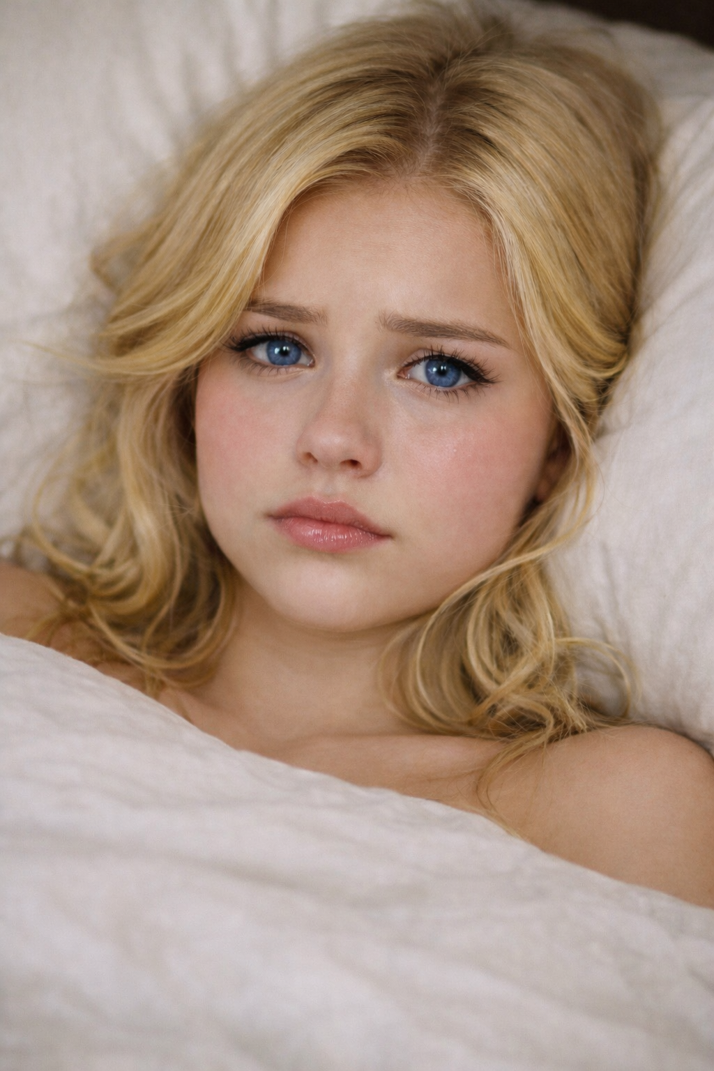 Young blonde woman with bright blue eyes looks concerned while lying in bed against soft white pillows