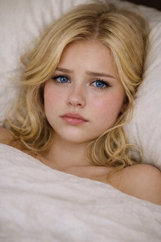 Young blonde woman with bright blue eyes looks concerned while lying in bed against soft white pi...