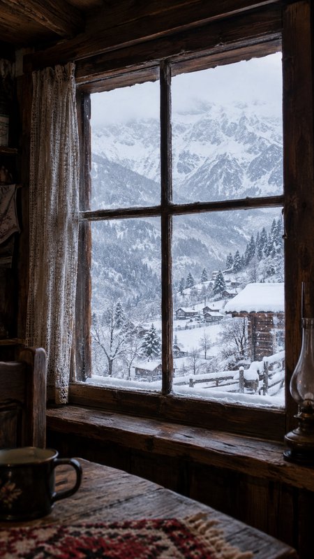 View from inside a rustic wooden cabin looking out at a snow-covered alpine village during light ...