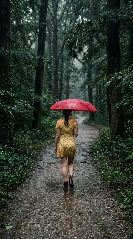 Woman holding a bright red umbrella walks along a wet misty forest path in the rain, viewed from ...