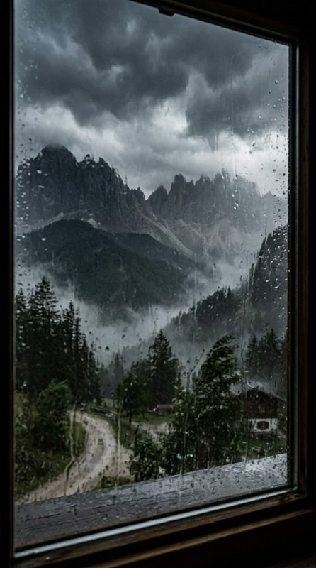 Rain-streaked wooden cabin window looking out at storm-shrouded jagged alpine peaks and misty for...