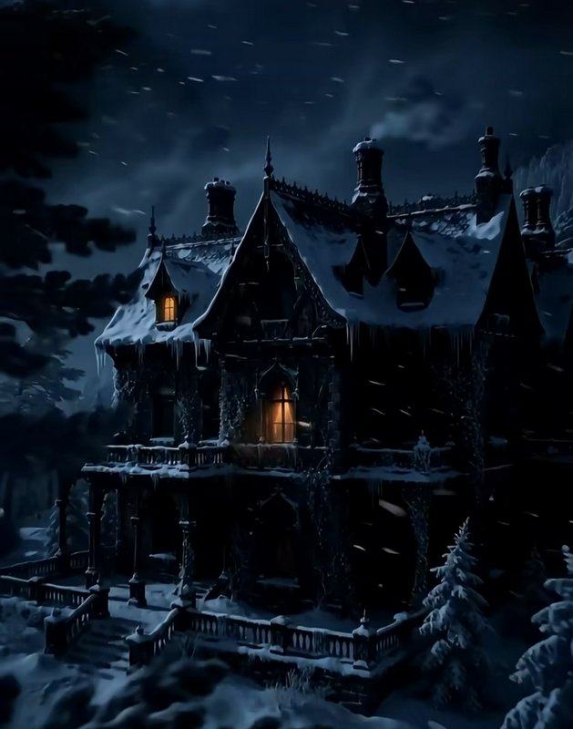 Snow-covered gothic manor with glowing warm windows stands against a dark snowy winter night sky