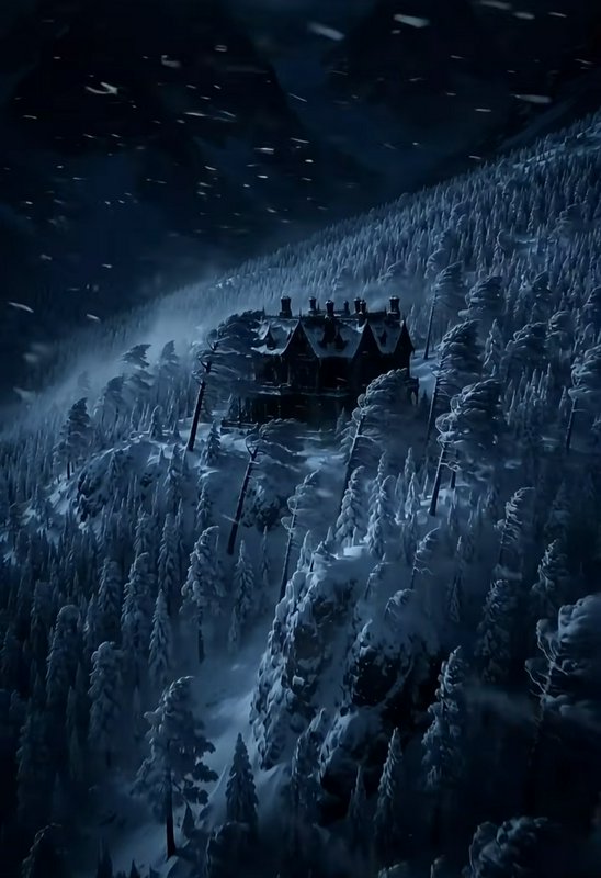 Isolated dark gothic manor perched on a snow covered mountain slope during a nighttime blizzard