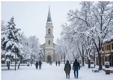 Bundled pedestrians walk through falling snow toward a steepled church in a snowy town square
