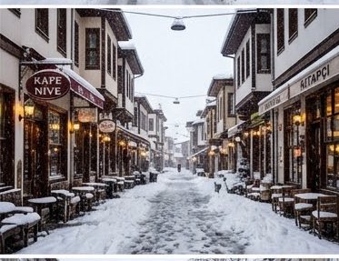 Heavy snow falls on a historic pedestrian street lined with traditional buildings and snow-covere...