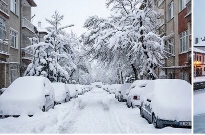 Snow-covered residential city street lined with parked cars and heavy snow-laden trees after a wi...