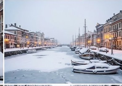 Snow covered frozen city canal lined with historic buildings and snow-dusted docked boats on a fo...
