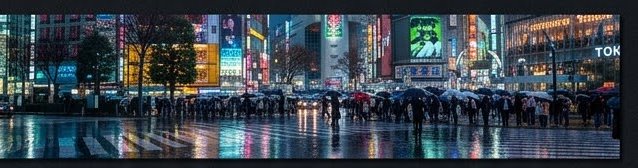 Panoramic view of rainy Shibuya Crossing in Tokyo at night, crowds holding umbrellas under glowing neon signs