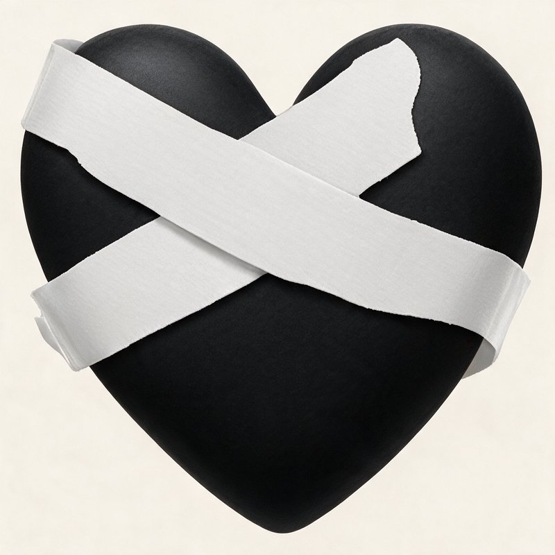 Matte black heart wrapped in crisscrossed torn white bandages against a pale cream background