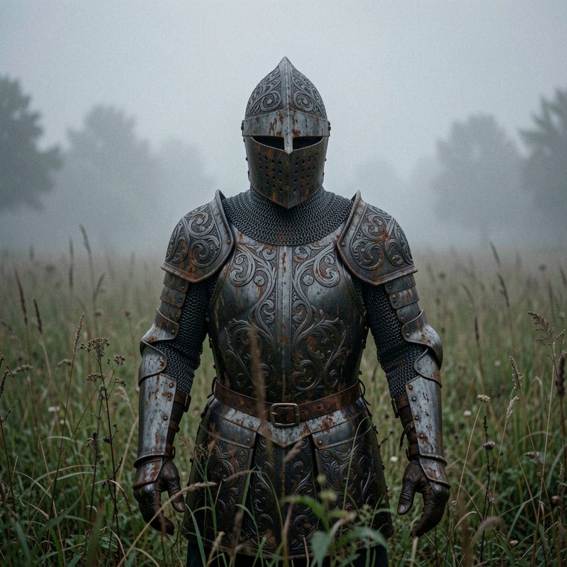 Ornate rusted medieval plate armor stands alone in a foggy overgrown grass meadow