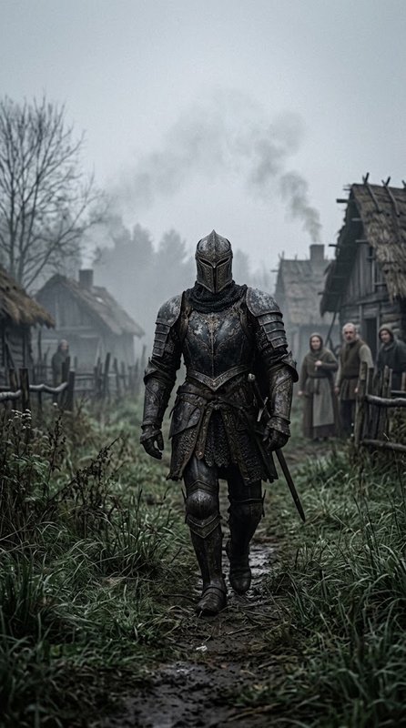 Armored medieval knight walks down a misty muddy village lane as local villagers look on.