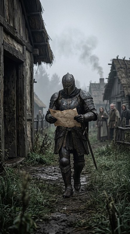 Armored knight reads a parchment map while walking through a misty medieval village