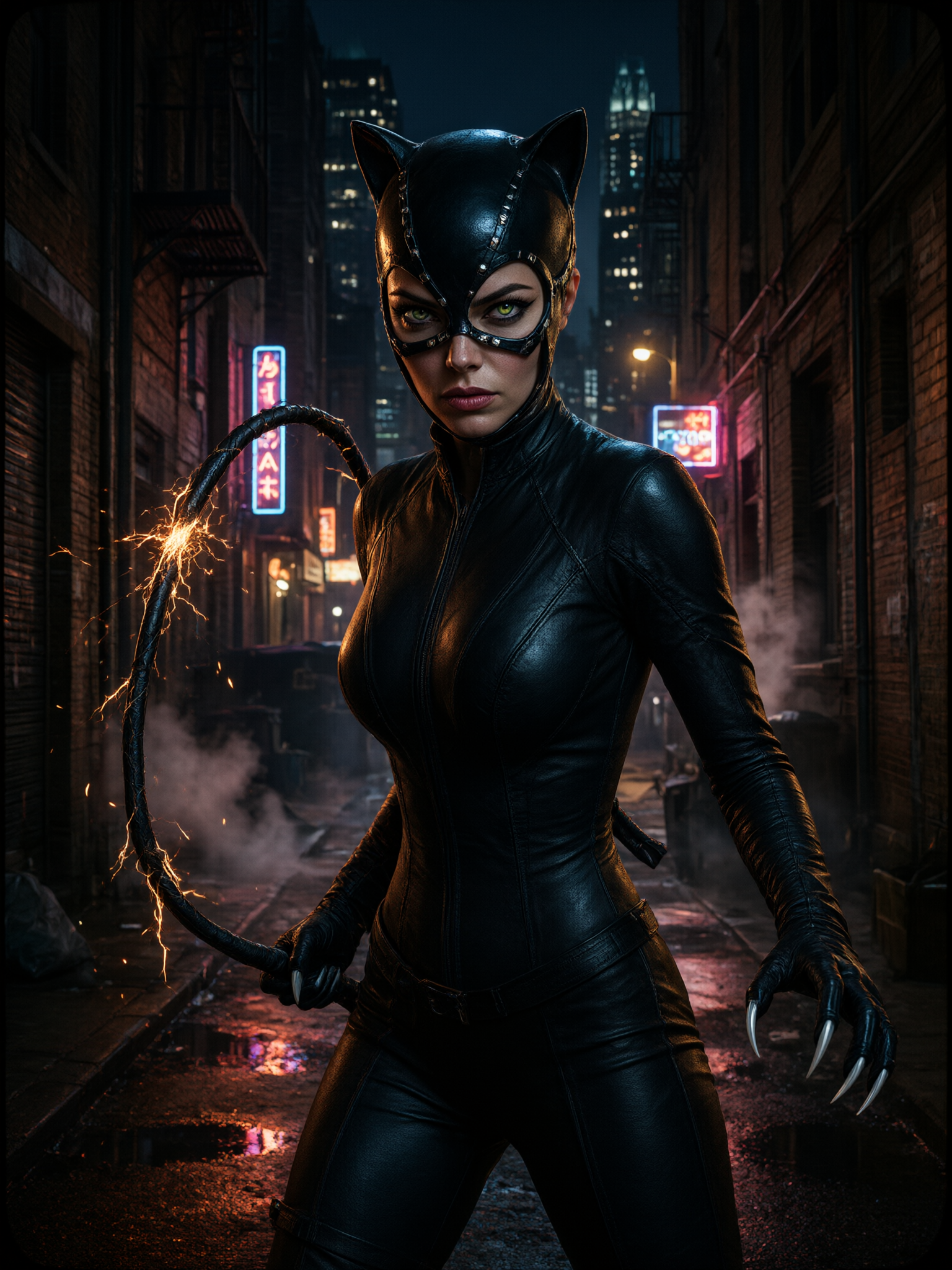 Catwoman in a studded black leather catsuit holds a sparking whip while standing in a dark neon Gotham alley at night