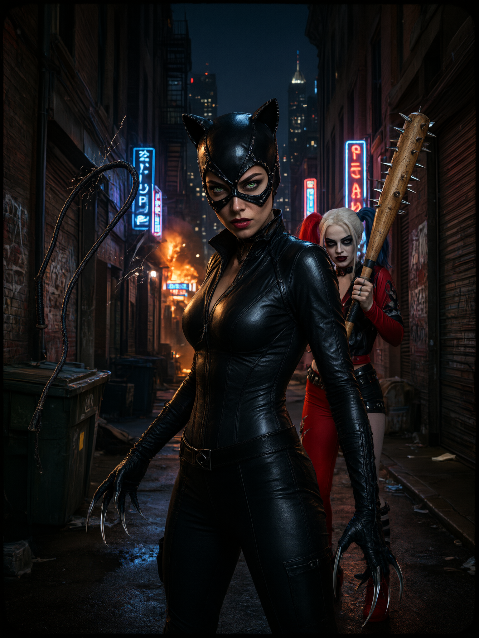 Catwoman stands in a dark Gotham alley with Harley Quinn holding a spiked bat behind her