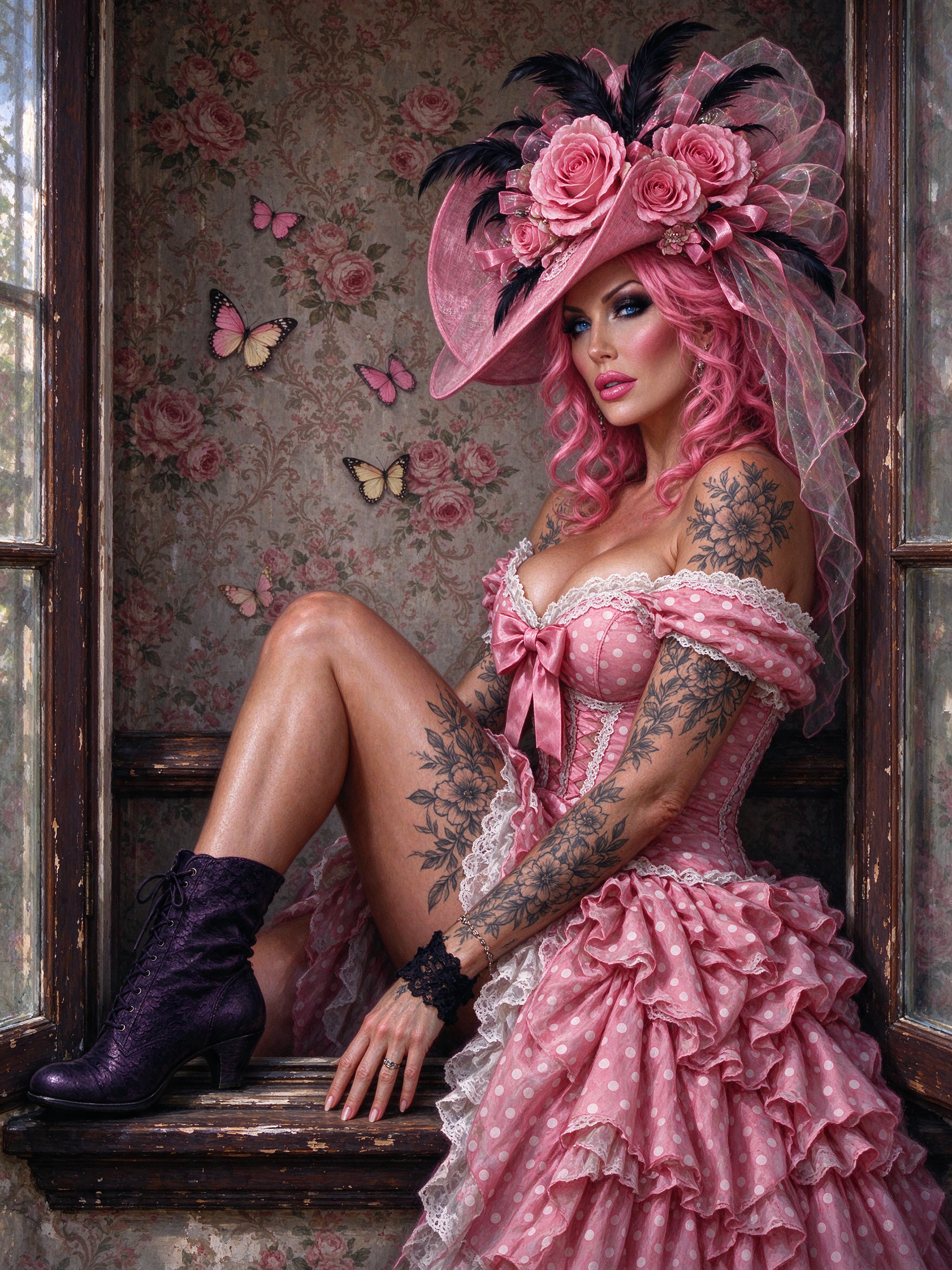 Tattooed woman with pink hair and elaborate rococo hat seated in a vintage wooden window nook