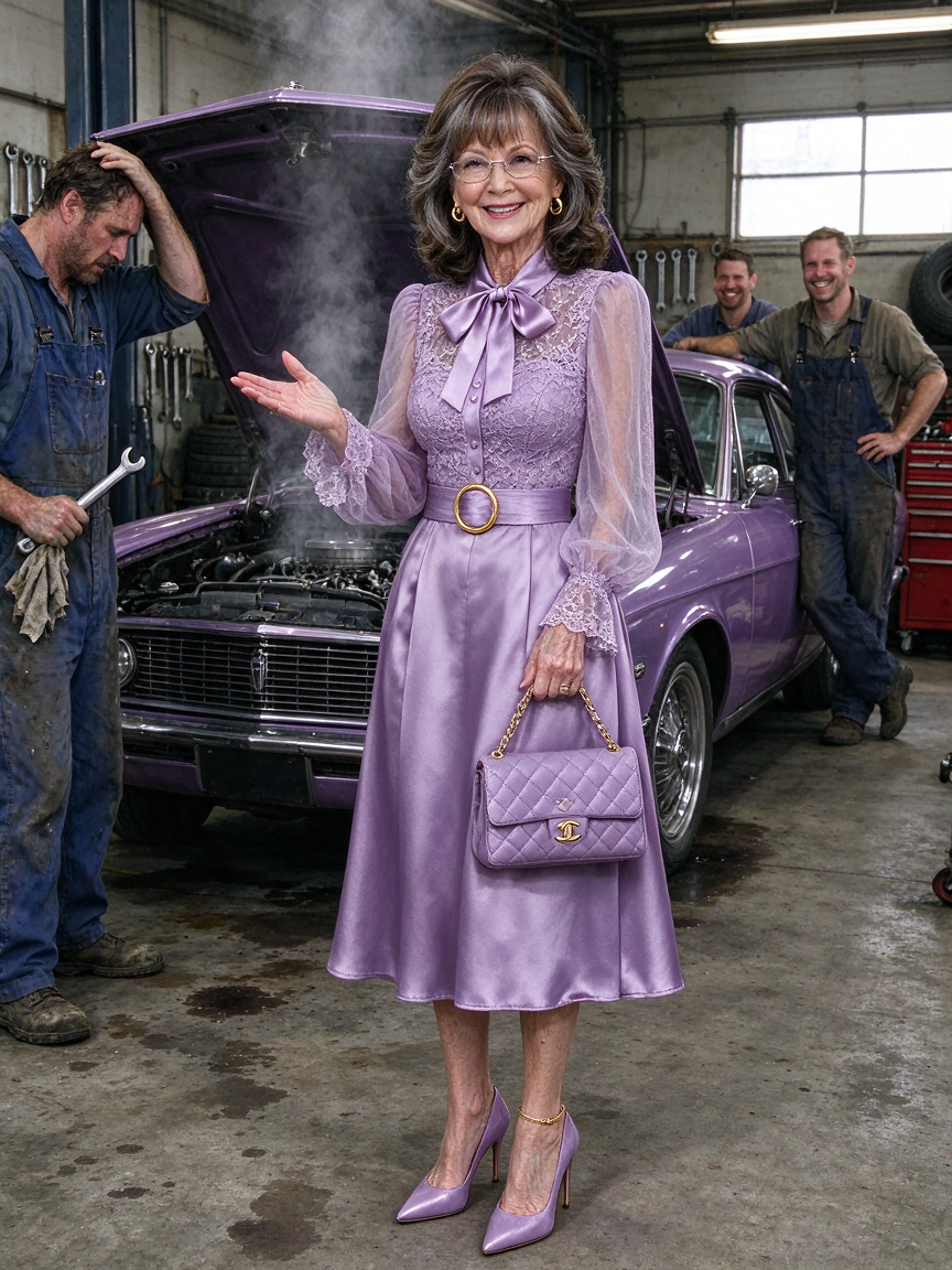 Smiling older woman in a lavender outfit stands in an auto garage next to a smoking broken purple classic car with confused
