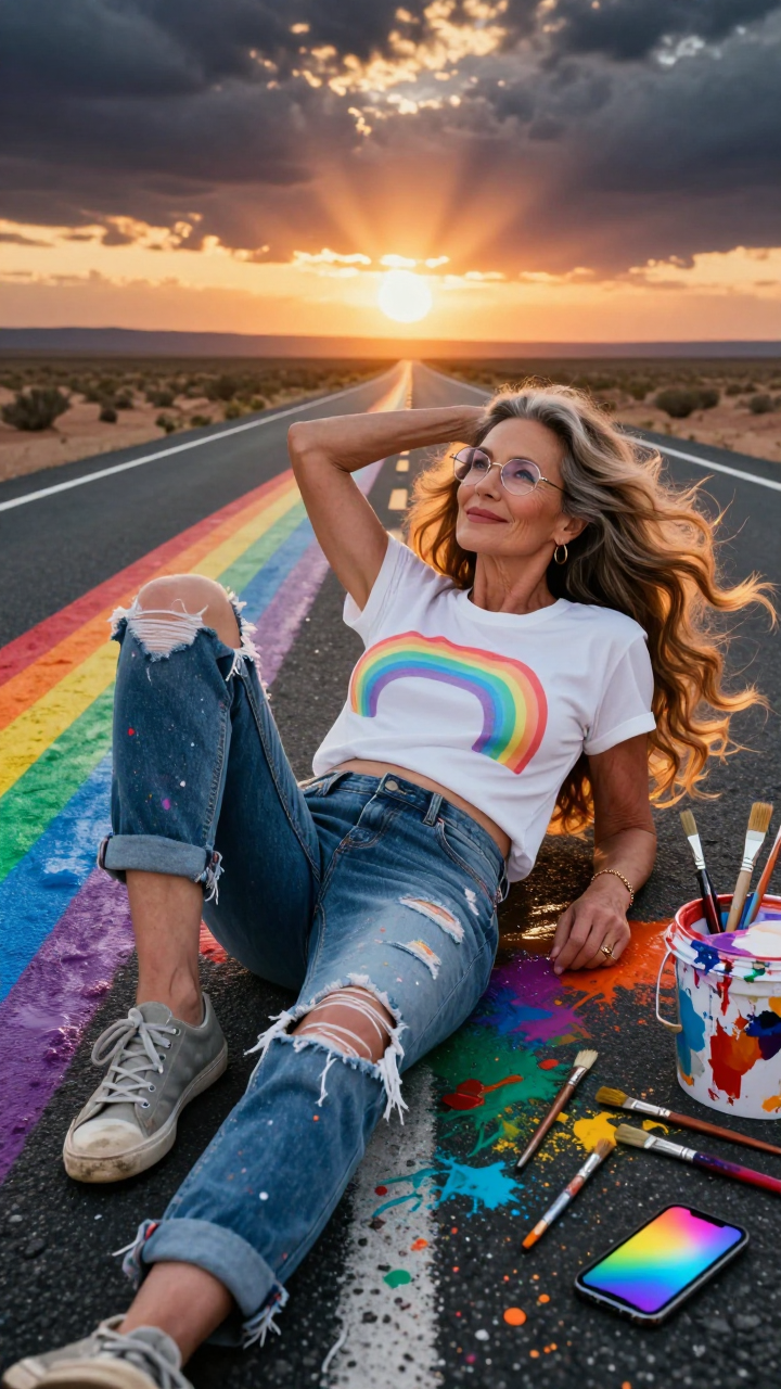 Mature woman artist reclines on a rainbow painted desert road at sunset surrounded by painting supplies