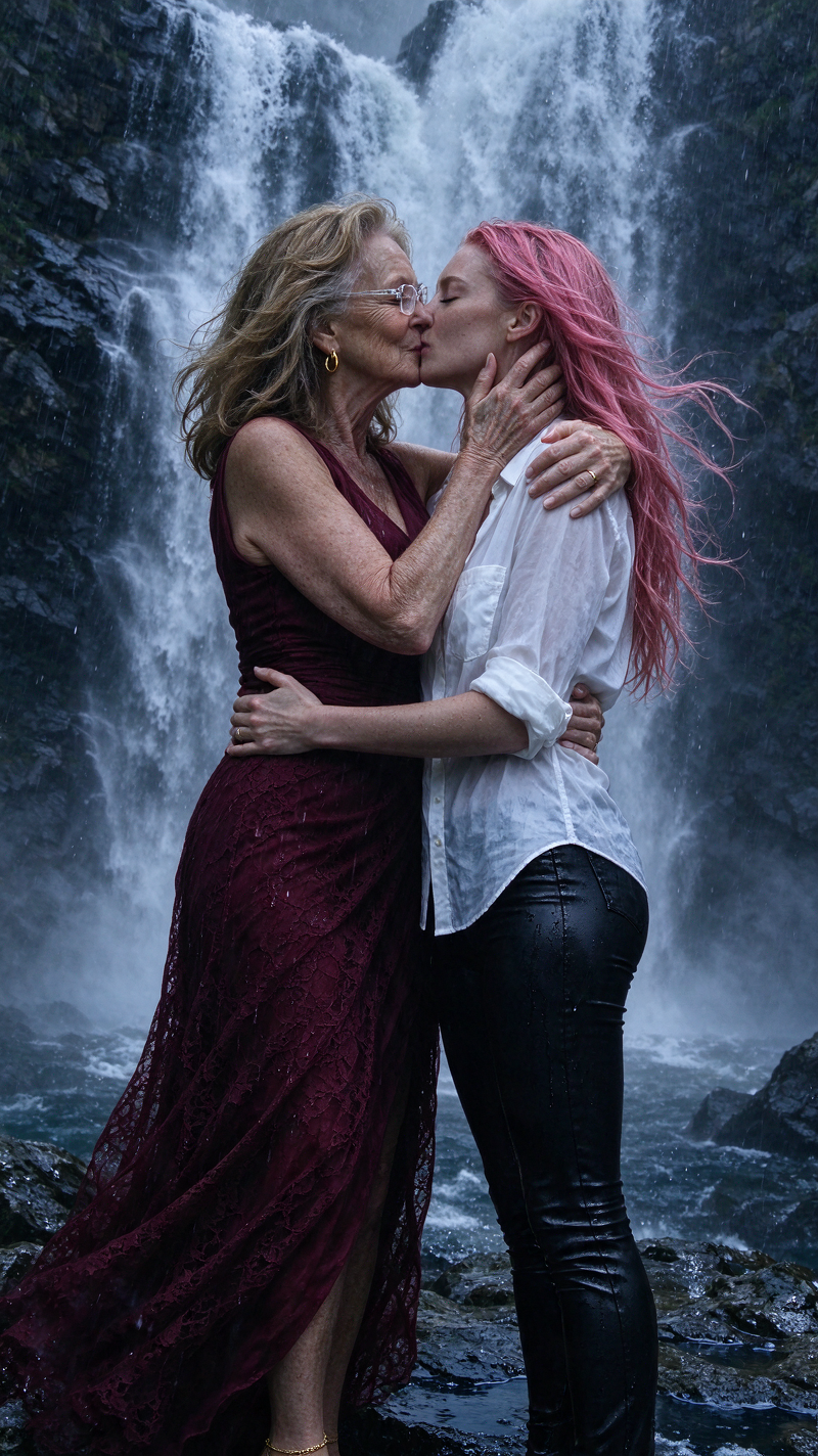 Two women kissing and embracing while standing on wet rocks before a cascading waterfall