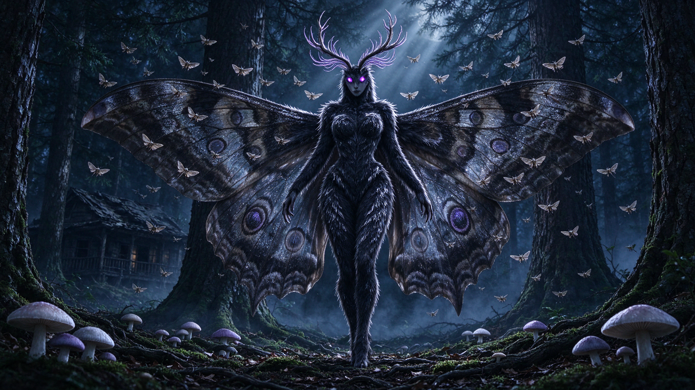 Horned moth humanoid cryptid with glowing purple eyes stands — AI art ...