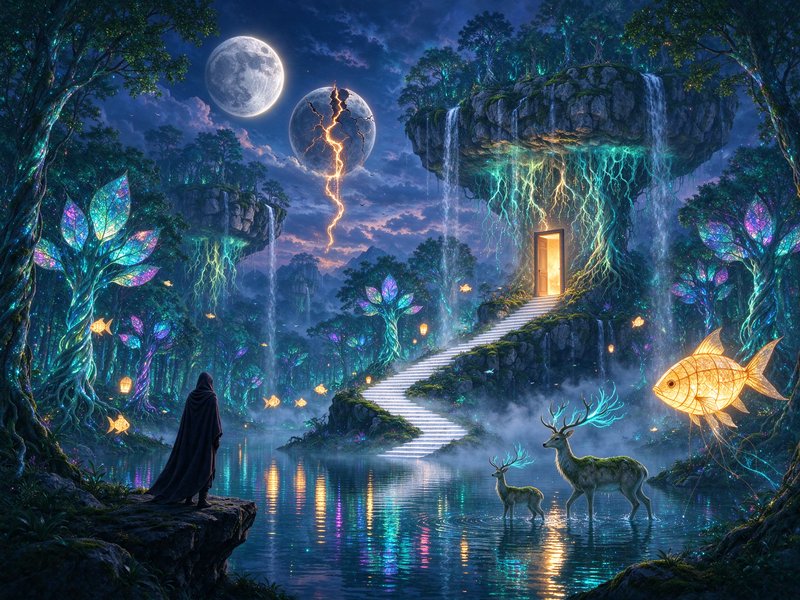 Hooded figure gazes at a glowing magical portal in a bioluminescent fantasy forest beneath twin f...