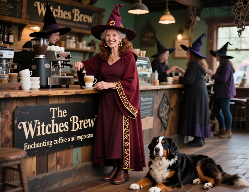 Smiling witch barista stirs a latte beside a resting Bernese Mountain Dog inside a cozy witch the...