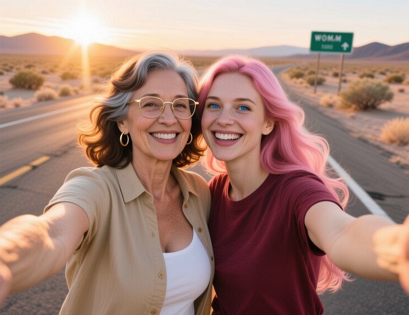Two smiling women take a joint selfie standing on a desert highway at golden hour sunset