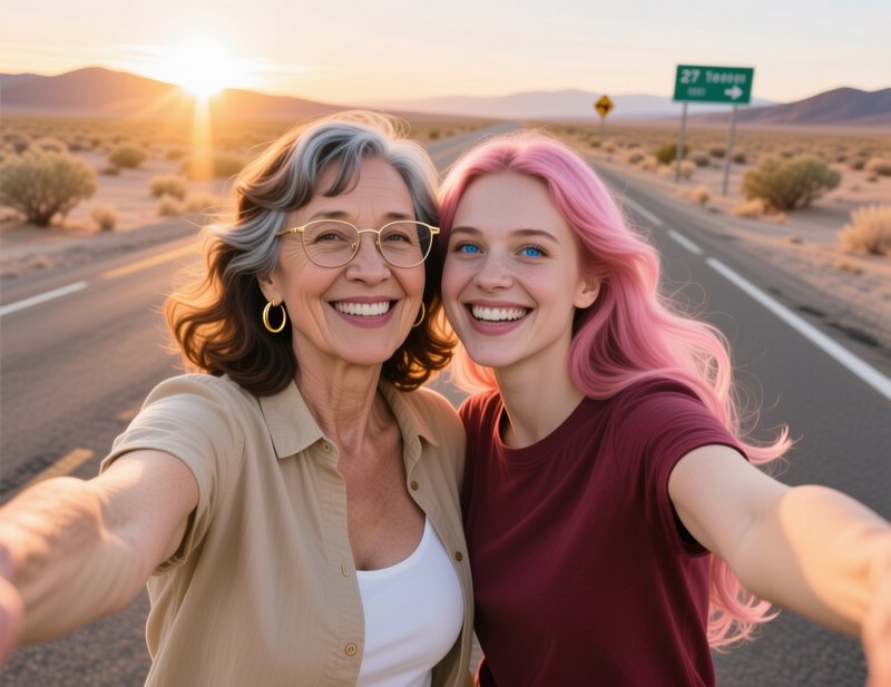 Senior woman and young pink-haired woman take a happy selfie on a desert highway at golden sunset